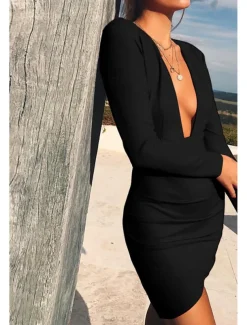 Women's Mini Dress White Dress Graduation Dress Bodycon Fashion Modern Outdoor Birthday Graduation Regular Fit Plain Long Sleeve Deep V Black White Red Summer