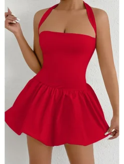 Women's Mini Dress White Dress Graduation Dress Halter Neck Dress Fashion Modern Graduation Date Tea Party Regular Fit Plain Sleeveless Halter Neck Light Pink Black White Red Summer