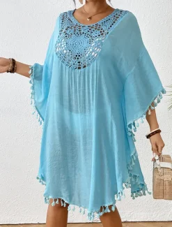 Women's Mini Dress White Dress Lace Dress Shirt Dress Summer Dress Streetwear Basic Casual Vacation Street Holiday Regular Fit 3/4 Length Sleeve Crew Neck Black White Blue Orange Summer