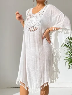 Women's Mini Dress White Dress Lace Dress Shirt Dress Summer Dress Streetwear Basic Casual Vacation Street Holiday Regular Fit 3/4 Length Sleeve Crew Neck Black White Blue Orange Summer