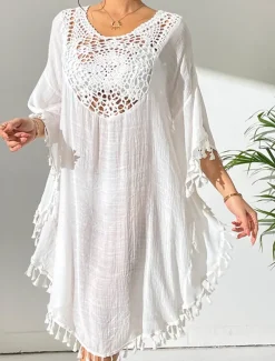 Women's Mini Dress White Dress Lace Dress Shirt Dress Summer Dress Streetwear Basic Casual Vacation Street Holiday Regular Fit 3/4 Length Sleeve Crew Neck Black White Blue Orange Summer