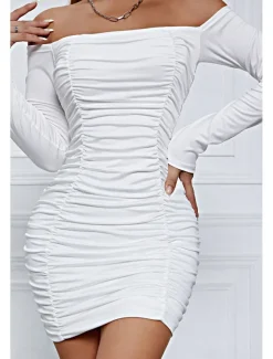 Women's Mini Dress White Dress Graduation Dress Bodycon Fashion Modern Vacation Birthday Graduation Regular Fit Plain Long Sleeve Off Shoulder Black White Wine Red Summer