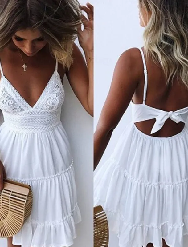 Women's Mini Dress White Dress Graduation Dress Lace Dress Casual Dress Streetwear Sexy Vacation Street Holiday Loose Fit Sleeveless Strap White Pink Summer