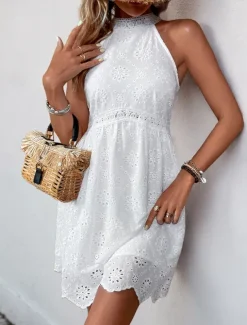 Women's Mini Dress White Dress Casual Dress Boho Dress Basic Casual Vacation Daily Regular Fit Plain Sleeveless Halter Neck White Summer