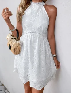 Women's Mini Dress White Dress Casual Dress Boho Dress Basic Casual Vacation Daily Regular Fit Plain Sleeveless Halter Neck White Summer