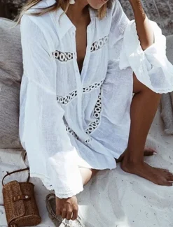 Women's Mini Dress White Dress Lace Dress Shirt Dress Casual Dress Streetwear Vacation Street Holiday Loose Fit Long Sleeve Shirt Collar White Summer Spring