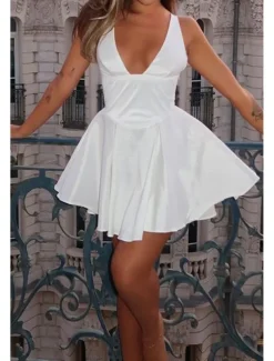 Women's Mini Dress White Dress Graduation Dress Homecoming Dress Fashion Graduation Date Going out Regular Fit Plain Sleeveless Deep V White Summer