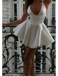 Women's Mini Dress White Dress Graduation Dress Homecoming Dress Fashion Graduation Date Going out Regular Fit Plain Sleeveless Deep V White Summer