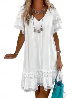 Women's Mini Dress White Dress Lace Dress Casual Dress A Line Dress Basic Casual Vacation Daily Regular Fit Graphic Short Sleeve V Neck White Summer