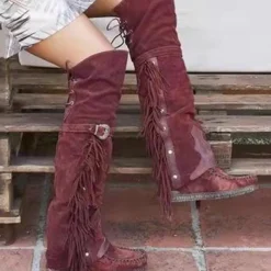 Women's Moccasin Suede Fringe Knee-High Boots - Vintage Boho Style, Embroidered Details, Comfortable Sole, Perfect for Festival Wear and Casual Outfits