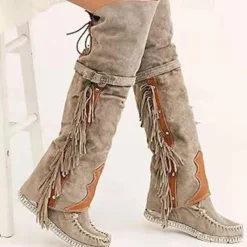 Women's Moccasin Suede Fringe Knee-High Boots - Vintage Boho Style, Embroidered Details, Comfortable Sole, Perfect for Festival Wear and Casual Outfits