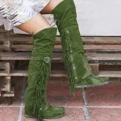 Women's Moccasin Suede Fringe Knee-High Boots - Vintage Boho Style, Embroidered Details, Comfortable Sole, Perfect for Festival Wear and Casual Outfits