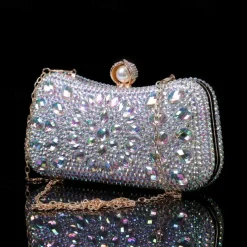 Women's Multicolor Crystal Evening Clutch – Luxury Rhinestone Handbag with Pearl Clasp and Chain Strap for Gala, Wedding, and Formal Events