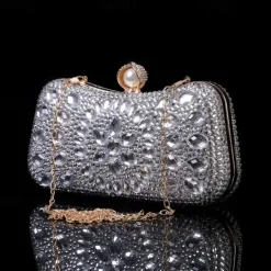 Women's Multicolor Crystal Evening Clutch – Luxury Rhinestone Handbag with Pearl Clasp and Chain Strap for Gala, Wedding, and Formal Events