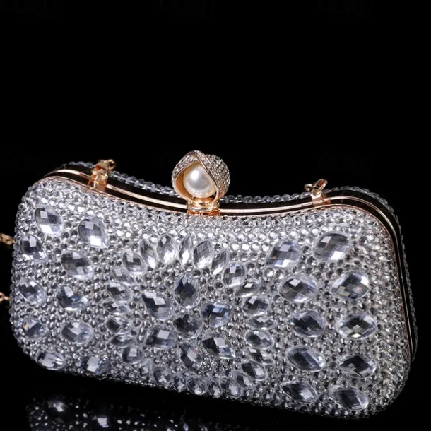 Women's Multicolor Crystal Evening Clutch – Luxury Rhinestone Handbag with Pearl Clasp and Chain Strap for Gala, Wedding, and Formal Events