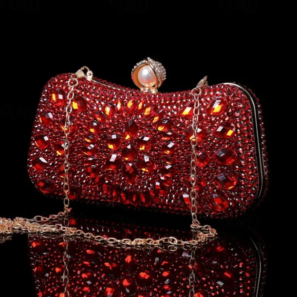 Women's Multicolor Crystal Evening Clutch – Luxury Rhinestone Handbag with Pearl Clasp and Chain Strap for Gala, Wedding, and Formal Events
