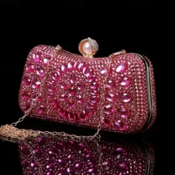 Women's Multicolor Crystal Evening Clutch – Luxury Rhinestone Handbag with Pearl Clasp and Chain Strap for Gala, Wedding, and Formal Events