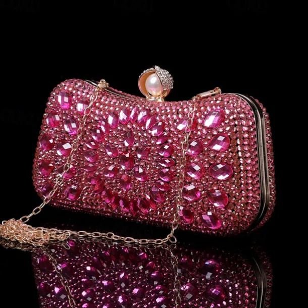 Women's Multicolor Crystal Evening Clutch – Luxury Rhinestone Handbag with Pearl Clasp and Chain Strap for Gala, Wedding, and Formal Events
