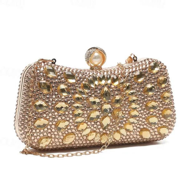Women's Multicolor Crystal Evening Clutch – Luxury Rhinestone Handbag with Pearl Clasp and Chain Strap for Gala, Wedding, and Formal Events