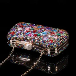 Women's Multicolor Crystal Evening Clutch – Luxury Rhinestone Handbag with Pearl Clasp and Chain Strap for Gala, Wedding, and Formal Events