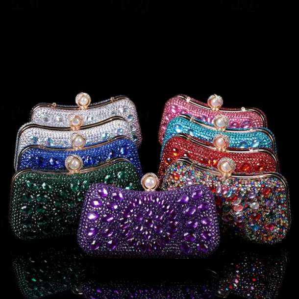 Women's Multicolor Crystal Evening Clutch – Luxury Rhinestone Handbag with Pearl Clasp and Chain Strap for Gala, Wedding, and Formal Events