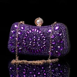 Women's Multicolor Crystal Evening Clutch – Luxury Rhinestone Handbag with Pearl Clasp and Chain Strap for Gala, Wedding, and Formal Events