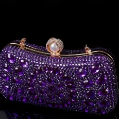 Women's Multicolor Crystal Evening Clutch – Luxury Rhinestone Handbag with Pearl Clasp and Chain Strap for Gala, Wedding, and Formal Events