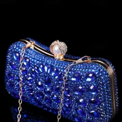 Women's Multicolor Crystal Evening Clutch – Luxury Rhinestone Handbag with Pearl Clasp and Chain Strap for Gala, Wedding, and Formal Events