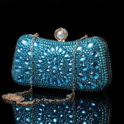 Women's Multicolor Crystal Evening Clutch – Luxury Rhinestone Handbag with Pearl Clasp and Chain Strap for Gala, Wedding, and Formal Events