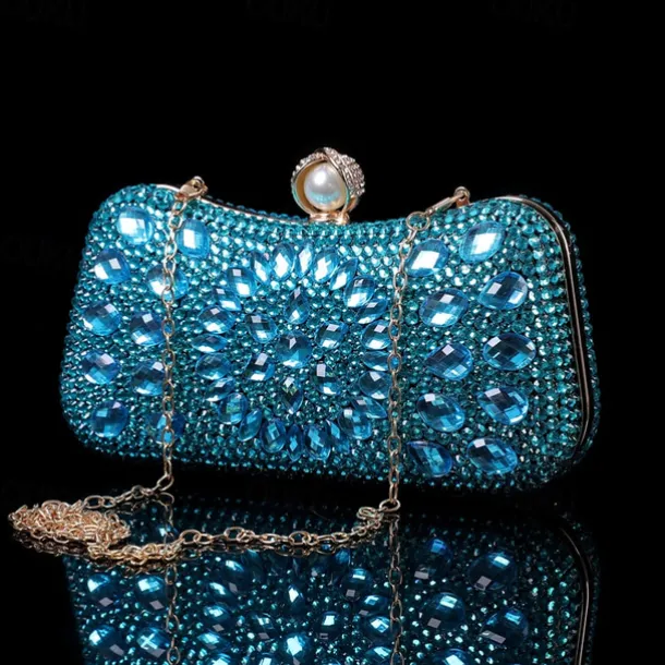 Women's Multicolor Crystal Evening Clutch – Luxury Rhinestone Handbag with Pearl Clasp and Chain Strap for Gala, Wedding, and Formal Events