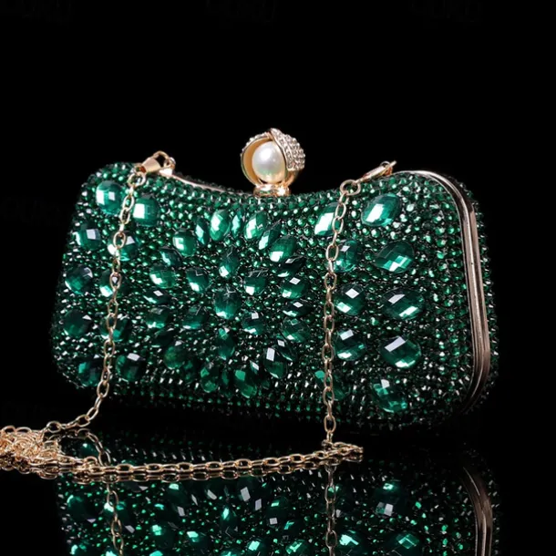Women's Multicolor Crystal Evening Clutch – Luxury Rhinestone Handbag with Pearl Clasp and Chain Strap for Gala, Wedding, and Formal Events