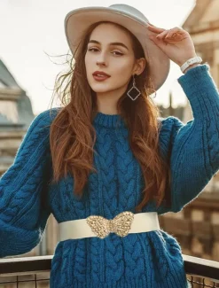 Women's Navy Blue Elastic Waist Belt with Gold Butterfly Buckle | Perfect for Dresses and Skirts