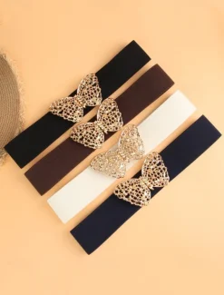 Women's Navy Blue Elastic Waist Belt with Gold Butterfly Buckle | Perfect for Dresses and Skirts