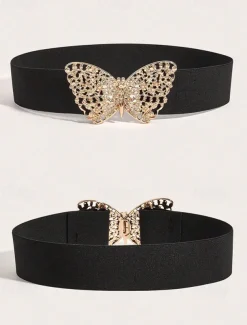 Women's Navy Blue Elastic Waist Belt with Gold Butterfly Buckle | Perfect for Dresses and Skirts