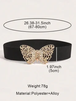 Women's Navy Blue Elastic Waist Belt with Gold Butterfly Buckle | Perfect for Dresses and Skirts