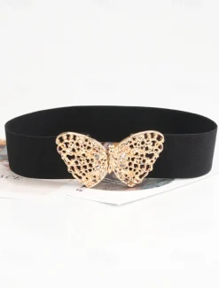Women's Navy Blue Elastic Waist Belt with Gold Butterfly Buckle | Perfect for Dresses and Skirts