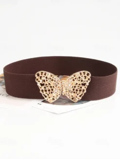 Women's Navy Blue Elastic Waist Belt with Gold Butterfly Buckle | Perfect for Dresses and Skirts