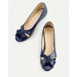 Women's Navy Blue Patent Leather Peep Toe Kitten Heels – 1950s Vintage Style Dress Shoes for Office, Church, and Spring Events