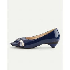 Women's Navy Blue Patent Leather Peep Toe Kitten Heels – 1950s Vintage Style Dress Shoes for Office, Church, and Spring Events