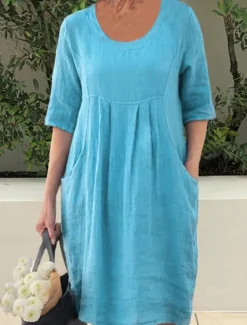 Women's Navy Blue Sky Blue Green Summer Spring Mini Dress Linen-Inspired Dresses Casual Dress Basic Modern Daily Weekend Loose Fit Plain Crew Neck