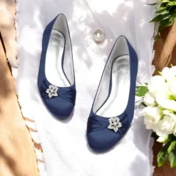 Women's Navy Satin Ballet Flats with Rhinestone Floral Embellishment - Elegant Wedding or Evening Shoes
