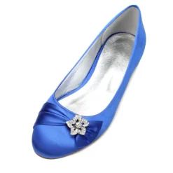 Women's Navy Satin Ballet Flats with Rhinestone Floral Embellishment - Elegant Wedding or Evening Shoes