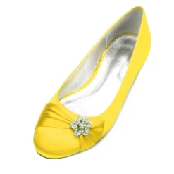 Women's Navy Satin Ballet Flats with Rhinestone Floral Embellishment - Elegant Wedding or Evening Shoes