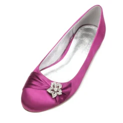 Women's Navy Satin Ballet Flats with Rhinestone Floral Embellishment - Elegant Wedding or Evening Shoes