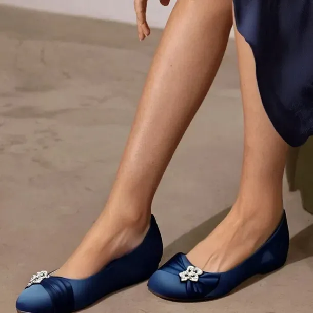 Women's Navy Satin Ballet Flats with Rhinestone Floral Embellishment - Elegant Wedding or Evening Shoes