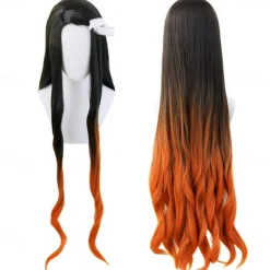 Women's Nezuko Cosplay Wig Long Black Gradient Orange Wave Hair Halloween Wigs