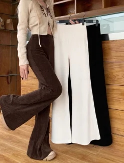 Women's Normal Bell Bottom Fashion Classic Style Full Length High Waist Solid Color Patchwork Comfy Breathability Micro-elastic Black Apricot Coffee Spring & Fall Regular Fit