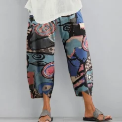 Women's Normal Cotton Linen Pants Chinos Slacks Basic Casual / Sporty Ankle-Length Mid Waist Graphic Prints Dandelion Pocket Baggy Print Comfort Inelastic Daily Weekend Gray Green Black Red Blue