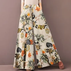 Women's Normal Culottes Wide Leg Wide Leg Pants Trousers Fashion Full Length Mid Waist Flower / Floral Side Pockets Baggy High Cut Comfort Inelastic Casual Weekend Yellow Red Deep Blue Summer Spring