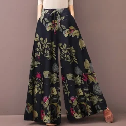 Women's Normal Culottes Wide Leg Wide Leg Pants Trousers Fashion Full Length Mid Waist Flower / Floral Side Pockets Baggy High Cut Comfort Inelastic Casual Weekend Yellow Red Deep Blue Summer Spring